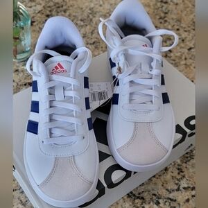Kids Adidas White and Navy Sneakers
